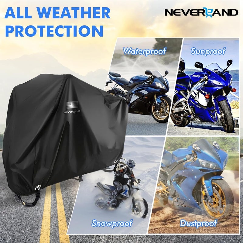 NEVERLAND Motorcycle Cover Waterproof Outdoor - Black Heavy Duty Scooter Cover, Motorbike Cover with Refletive Logo, Lock-Hole, Bandage, Storage Bag-Protect Against Dust, Debris, Rain and Weather(XL) - Image 5